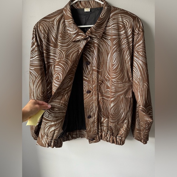 VTG Bomber Jacket Zip Up Brown Silver Swirl Pattern Hippie Boho Jacket Size M OS - Picture 3 of 11